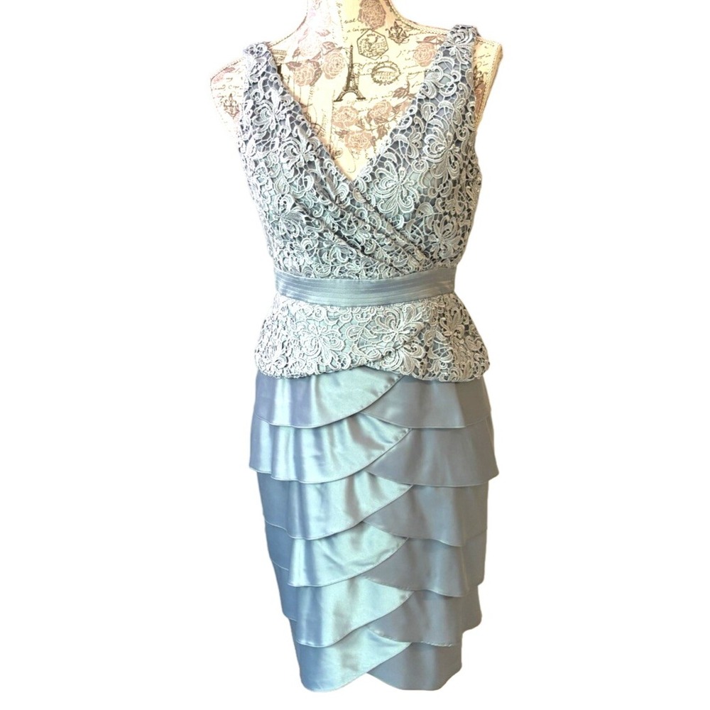 Vintage Adrianna Papell SZ 4 Sheath Tiered Ruffle ice blue Party Dress holiday
